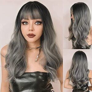 𝅺🆕 Stunning Long Dark Gray Ombre Wig Synthetic Lace Wig Full Bangs SEXY NWT👀😘